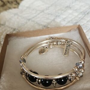 Silver Bracelet ,3 Coil With Siver Beads. Heart Charm And Believe Charm